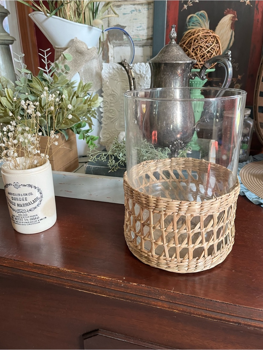 Farmhouse Glass Vase with Woven Rattan Base